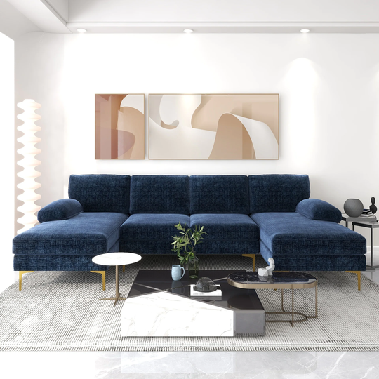 Modern Linen Upholstered U-shaped Sectional Sofa with Double Chaises