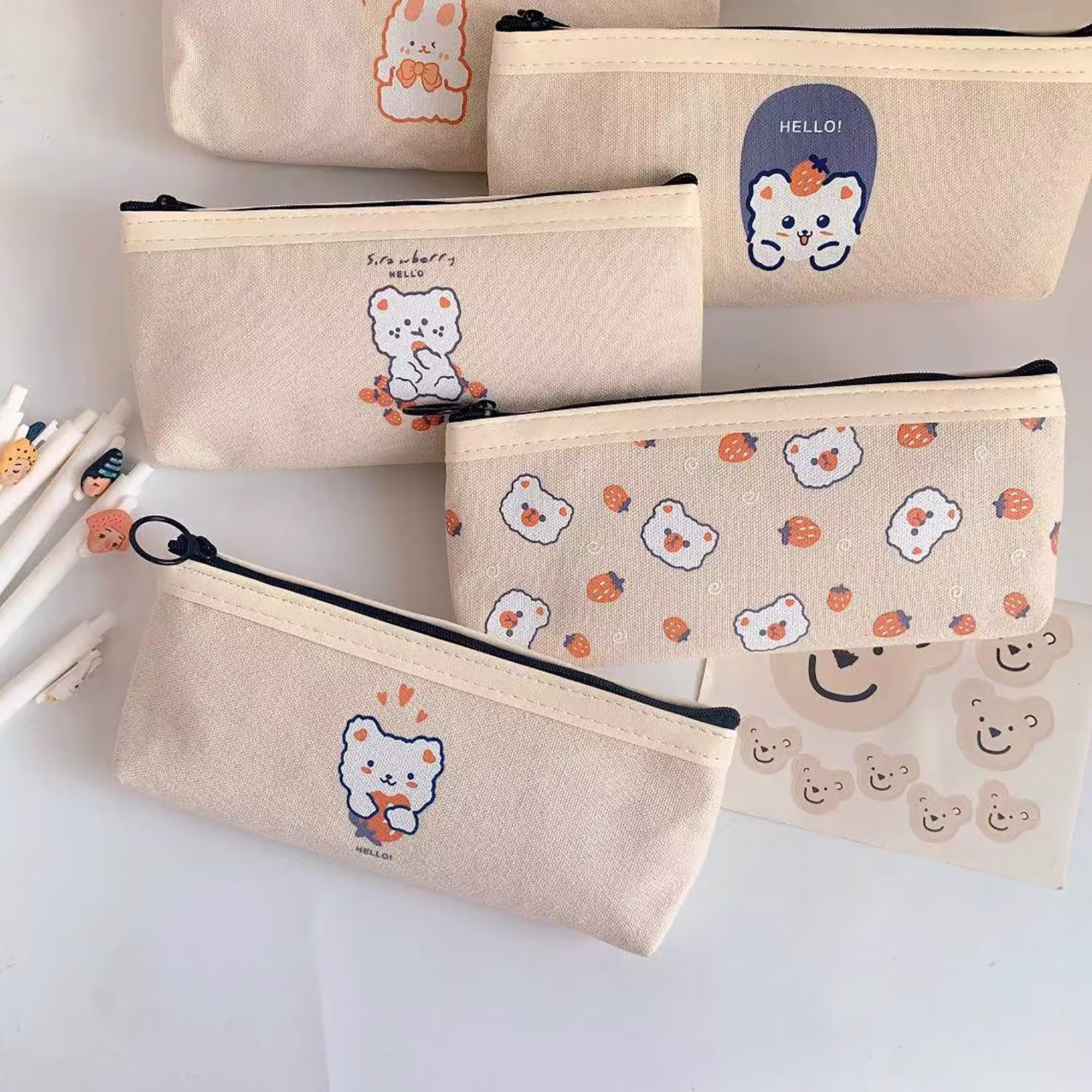 Canvas Floral Pencil Case, Cartoon Bear Student Large-Capacity Stationery Bag, Zip Pouch, School Supplies