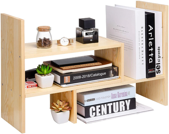 Wood Adjustable Display Book Shelf Stand Rack Desk Organizer Set Office Storage Expandable Tabletop Natural