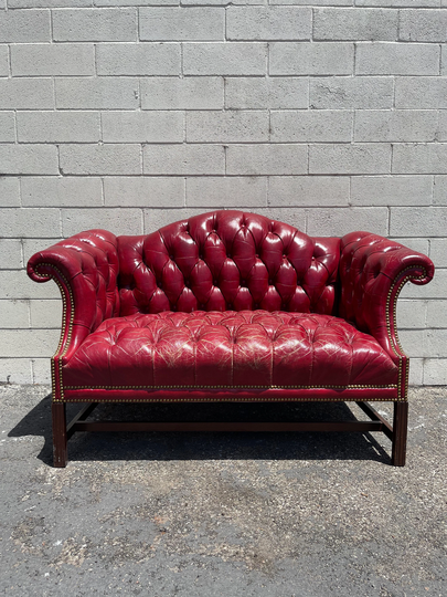 Leather Sofa Loveseat Settee Bench Camel Back Tufted Armchair Chesterfield Handsome Rustic Chippendale Mid Century English Lounge Seating