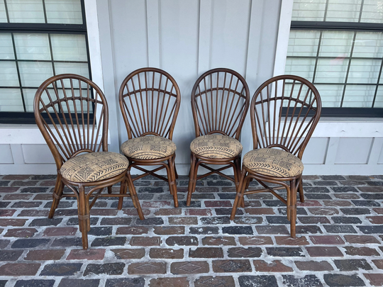 Vintage Rattan Round Back Chair, Bamboo Wood Patio Wicker Bentwood Fan Small Dining Chairs