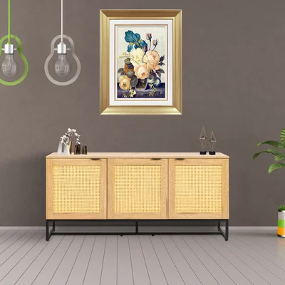 Wicker Sideboard Storage Cabinet 63 Inch, With 3 Doors, Wooden MDF Console Table Kitchen Dining Room Storage Cupboard, Natural Color