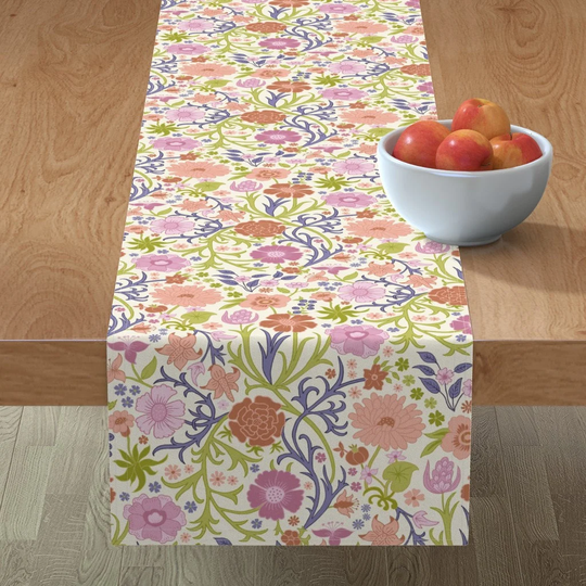 Ornate Floral Table Runner - Vintage Florals By Portiamonberg Pink Flowers Spring Hand Drawn Cotton Sateen Spoonflower