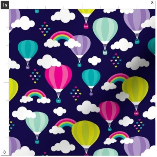 Bright Hot Air Balloons & Rainbows Fabric By The Yard | Retro Transportation Flight Blimp Flying Machine Balloon Ride Custom