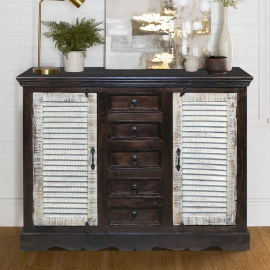 Shutter Door 6 Drawers Solid Wood Dresser | Two Tone White Brown Storage Cabinet Distressed Sideboard Farmhouse Style Credenza