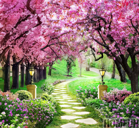 Pink Blossom Pathway Diy 5D Diamond Painting Kit Full Square & Round Drill