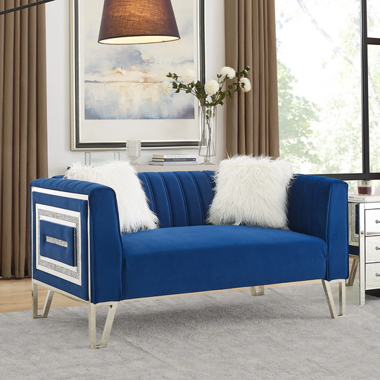 Loveseat Sofa Velvet Couches with White Villose Pillow & Stainless Steel Legs