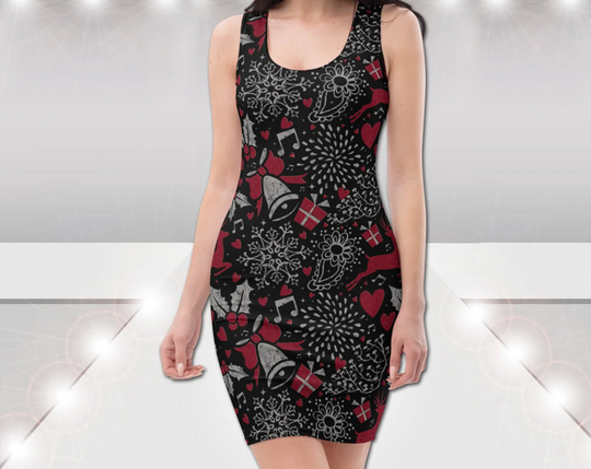 Christmas #12 - Bodycon Pencil Tank Dress Reindeer Snowflakes Presents Bell Ribbon Snow Festive Holiday Cute Hot Cocktail Party Gift
