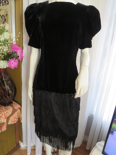 1960S'/1970S' Black Velveteen & Fringe Pencil Fit Dress-No Label/Size 8