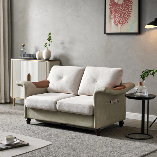 Living Room Furniture sofa, Linen Fabric Faux Leather sofa with Wood Leg, 2 Seating Capacity sofa For Living Room