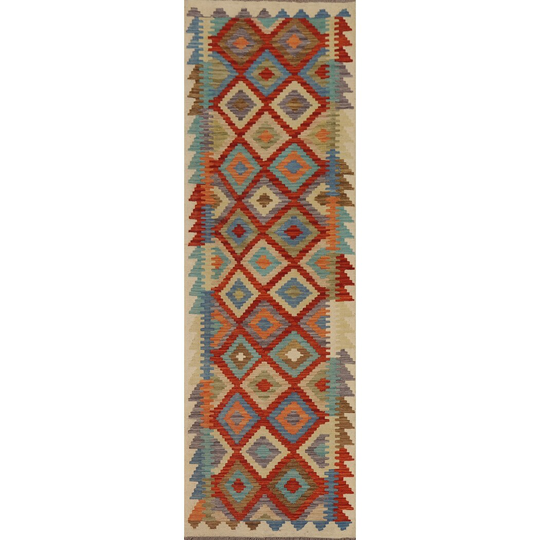 Colorful Kilim Geometric Runner Rug Flat-weave Wool Carpet - 2'9" x 9'8"