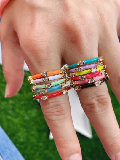 5-10Pcs, Gold Color Women Stacking Rings Neon Enamel Cubic Zirconia Cz Finger Band Ring