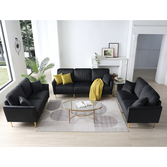 3-Piece Sectional Sofa Set Modern Velvet Upholstered Sofa Couch with Sturdy Metel Legs & 3-Seater Sofa +2 Piece Loveseat Sofa