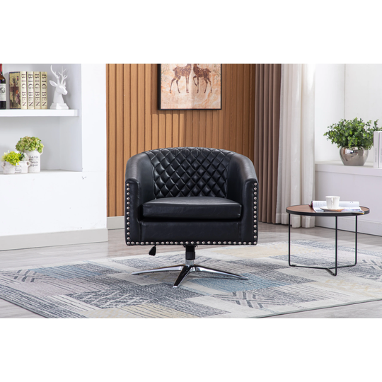 Faux Leather Swivel Barrel Chair for Living Room Lounge Chairs with Nailheads Decoration and Adjustable Height Metal Base