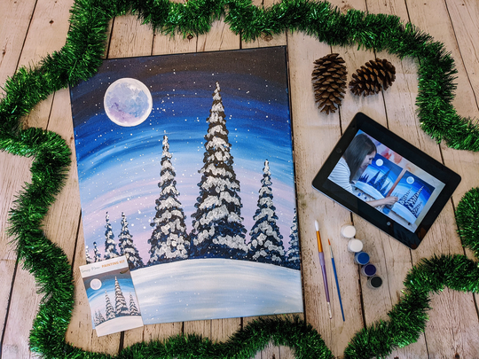 Snowy Moon Canvas Painting Kit + Video Tutorial, Free Palettes & Aprons With Orders Of 10 Party Kit, Diy Paint