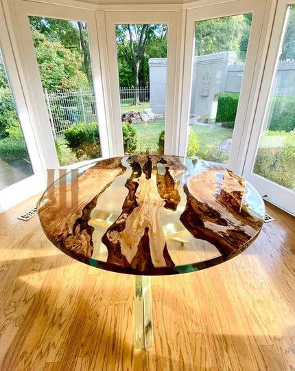 Round Epoxy Table, Reclaimed Wood Olive Table