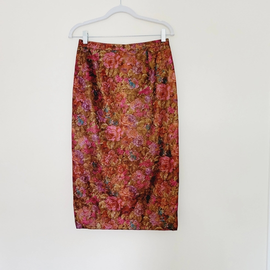 60S Handmade Shiny Floral Midi Pencil Skirt. Vintage Fall Print Brocade Night Luxe Skirt