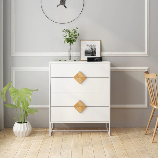 White Solid Wood 4-Drawer Chest Storage Cabinet with Square Handles
