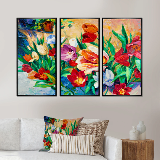 Designart 'Bouquet of Colorful Flowers' Floral Framed Art Set of 3 - 4 Colors of Frames