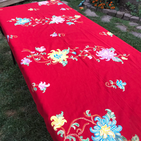 Red Embroidered Table Runner, Middle Eastern Brand, Wool Tablecloth, Floral Boho Tablescape, Shawl Wrap