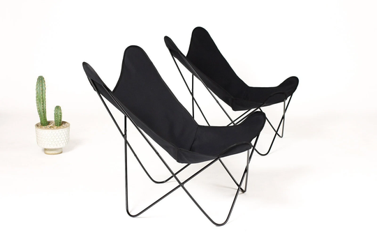 Vintage Mid Century Bfk Hardoy Iron Butterfly Chairs For Knoll Black Powder Coat + Black Canvas Slings Pair