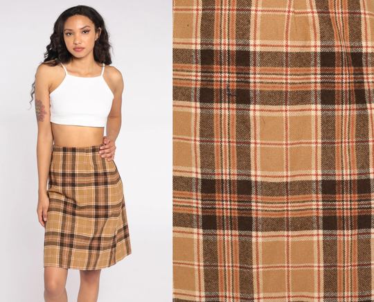 Brown Plaid Skirt 70S Pencil Wiggle High Waisted School Girl Uniform 1970S Preppy Checkered A Line Vintage Secretary Extra Small Xs
