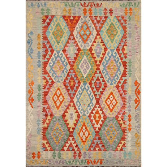 Colorful Kilim Reversible Area Rug Flat-weave Wool Carpet - 5'1" x 6'10"