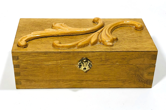 Vintage Small Hand-Crafted Wood Trinket Box/Jewelry Box, Dovetailed Corners, Scrolls On Lid, Brass Latch