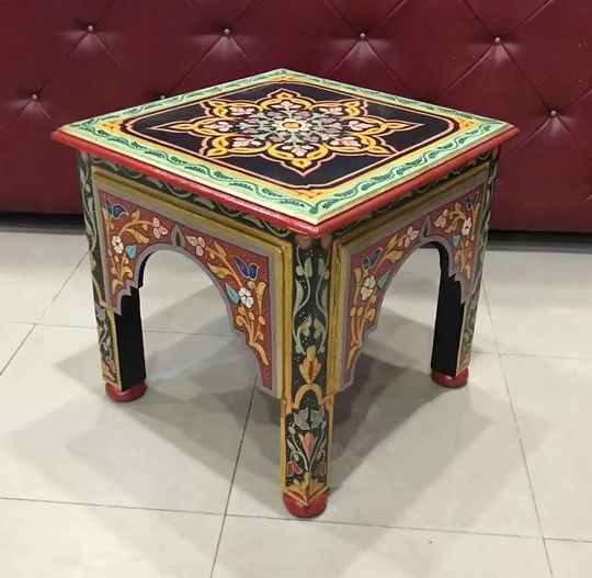 17'' Black Square Wooden Coffee Table, Moroccan French Handmade Wood Hand Painted Coffee&tea Table