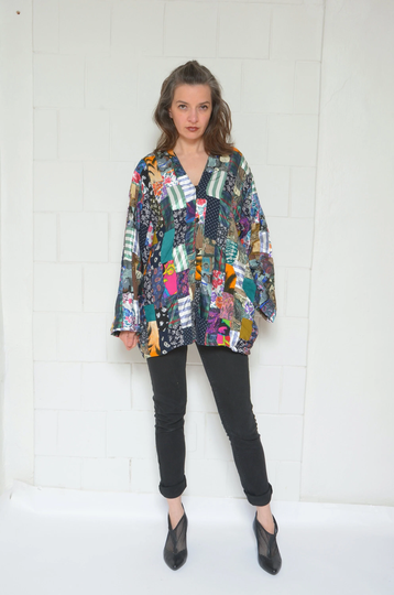 Multi Color Patchwork Jacket/Vintage 80S Colorful Quilted Short Button Bohemian Blazer - Size Large