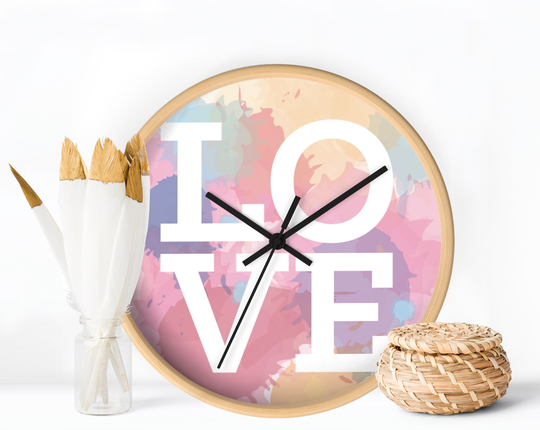 Wall Clock, Colorful Love Design, Decorative Watercolor Home Decor, Nursery Modern Clock