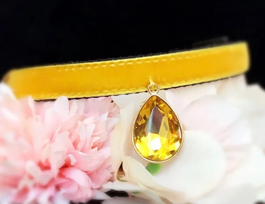 Ginger Yellow Velvet Cat Collar, Rhinestone Collar, Small Dog Collar.kitty Birthday Gift For Cat, Cat Necklace.tiny Collar