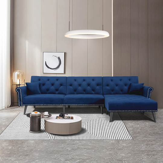 115"L Convertible Sofa Bed Sleeper Velvet w/Nailheads, Navy Blue