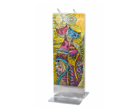 Hand Painted Flat Candle | Two Cats Small Unique Gift Colorful Fine Art Shelf Décor