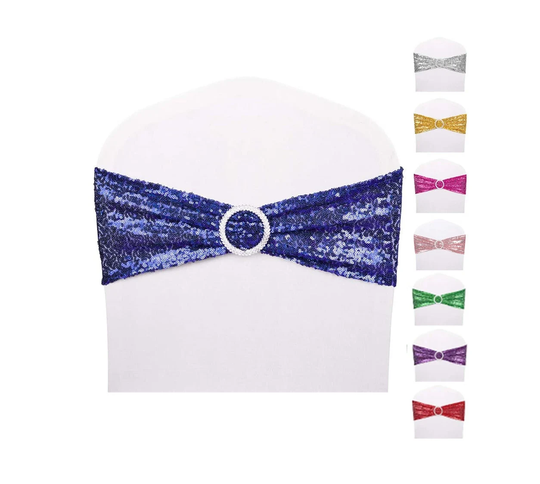 Sequin Chair Bow - Glitter Sparkle Spandex Elastic Sash Bands With Crystal Buckle Wedding Party Decor -P