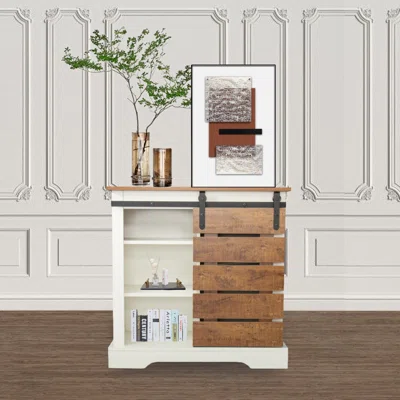 Wooden Buffet Sideboard Storage Cabinet With Sliding Barn Door And Interior Shelves Brown