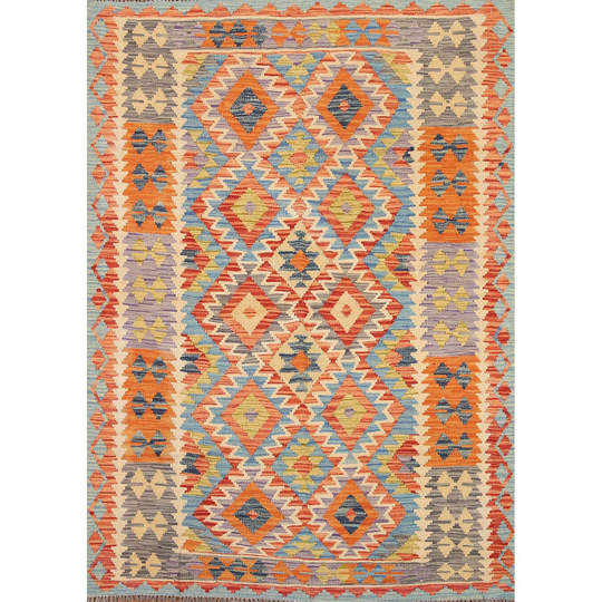 Multi-Color Geometric Kilim Rug Hand-woven Wool Carpet - 5'1"x 6'0"