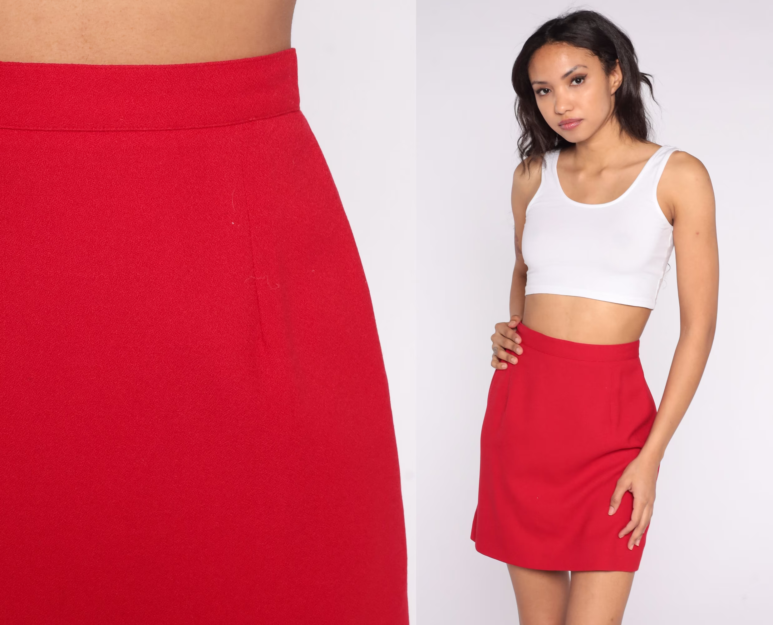 Red Wool Skirt 80S Mini Pencil High Waisted Preppy Wiggle Plain Simple Classic Chic Waist Retro Secretary Vintage 1980S Small 26