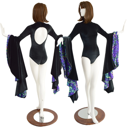 Black Velvet Romper With Siren Cut Leg & Sorceress Sleeves Lined in Neon Melt . Snap Back Turtleneck Open Back 157825
