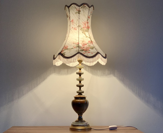 Luxury Onyx Vintage Large Table Lamp, Cherry Blossom Print Lampshade, Handmade Lampshade With Fringes, Natural Stone Onyx, Brass Details