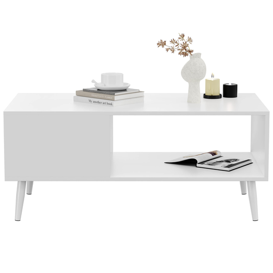 Modern Wood Coffee Table for Living Room, Retro Mid-Century Center Tables Cocktail Table with Storage Shelf for Reception, White