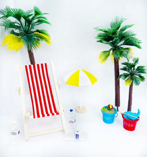 Miniature Elf Beach Lounge Chair Dollhouse Accessory Palm Tree Mini Sand Bucket Umbrella Water Bottle