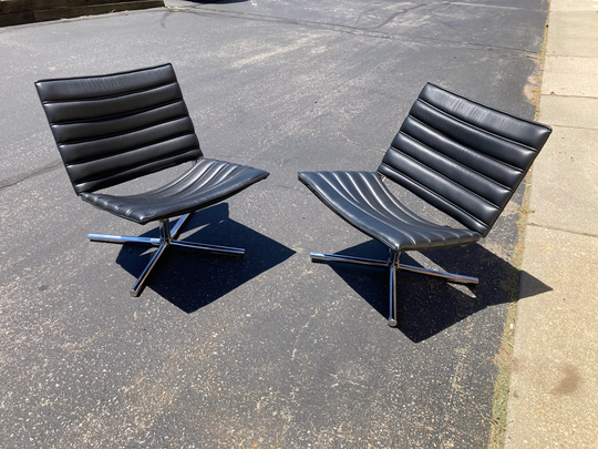 Pair | 2 Hulshoff Lazy Postmodern Style Leather Lounge Swivel Chairs Danish Modern