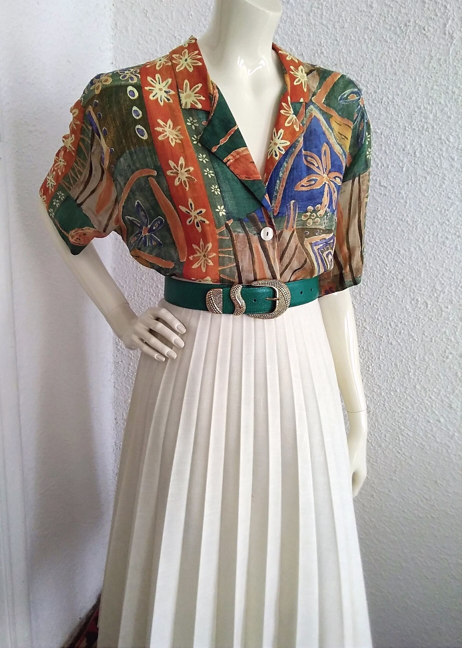 80S Colorful Blouse Pop-Art Vivid Colors Top Viscose/Linen 46 Size Floral Abstract Print Vacation Shirt Multicolor Button