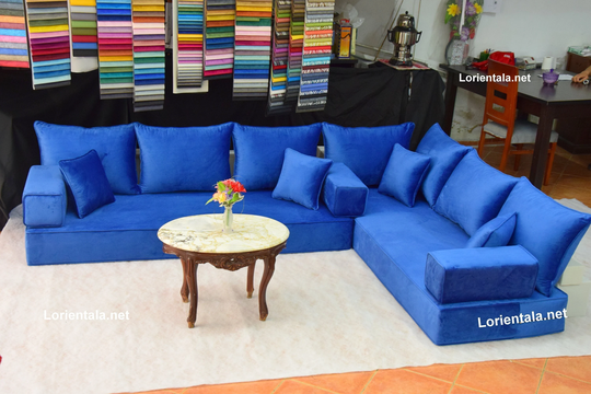 L Shaped 8'' Thick Velvet Blue Floor Seating Sofa Turkish Cushions Arabic Living Room Oriental Moroccan Home Decor Couch Hookah Sectional