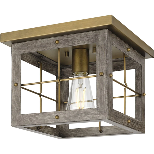 Hedgerow Collection 1-Light Aged Oak Farmhouse Flush Mount Ceiling Light - 10.375 in x 10.375 in x 8 in