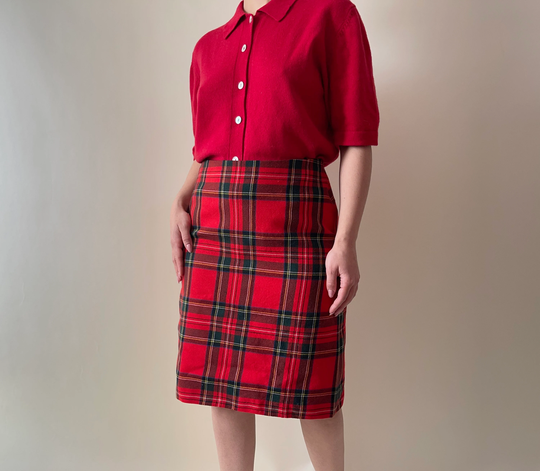 Vintage Wool Red Plaid Pencil Skirt, Form Fitted Midi Office Skirt