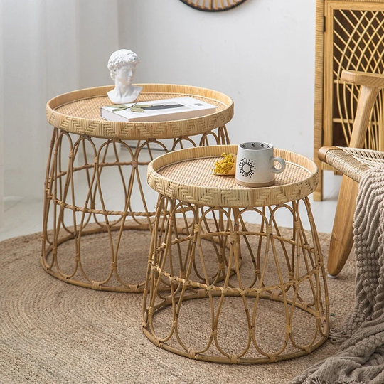 Handmade Rattan Side Table | Natural Coffee Table Small With Tray Top Furniture For Home Round Balcony End Tables