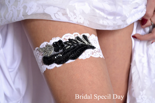 White Lace Black & Silver Wedding Garter/Bridal Set Sequins & Pearls Garter Handmade For