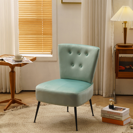 Tufted Back Velvet Fabric Farmhouse Chair Black Metal Legs Light Green